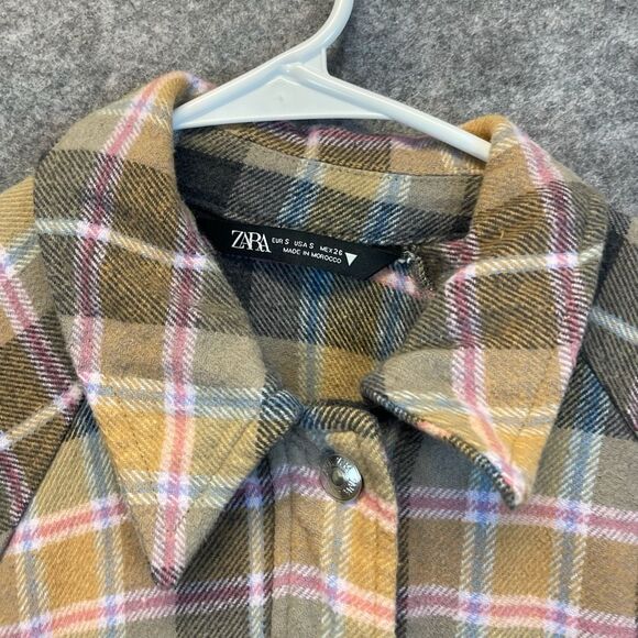 ZARA Women’s Shacket Plaid Flannel Button Down Shirt Jacket S Brown Pink Yellow - Picture 3 of 11